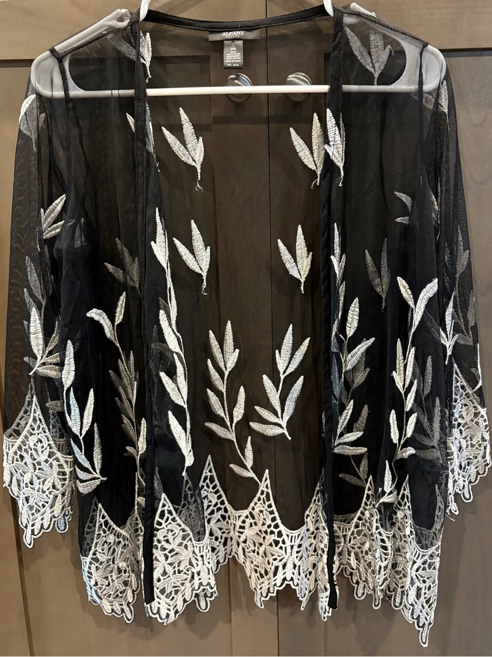 Alfani Black Sheer Embroidered Kimono Duster with White Leaf and Lace Trim, S